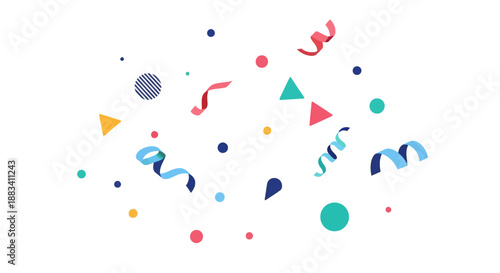 Colorful celebration confetti elements falling against a white background, commonly used in America for festive occasions.