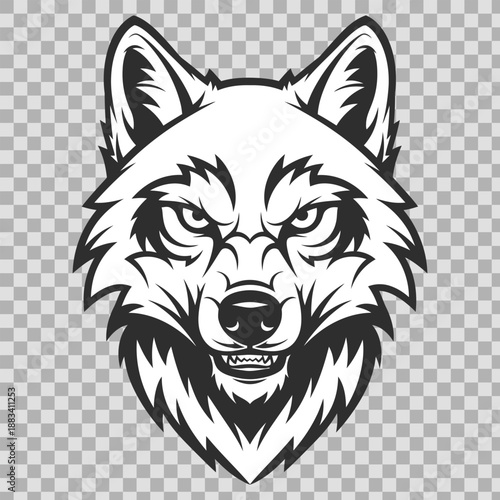 A fierce black and white tribal wolf head vector illustration featuring a wild animal mascot face isolated for a tattoo or wildlife predator art symbolA fierce black and white tribal wolf head vector 