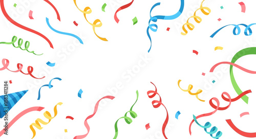 Colorful celebration confetti elements and ribbons falling against a white background, used for america party decorations.