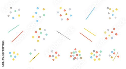 Colorful vector illustrations of confetti elements and people celebrating with festive decorations in America.