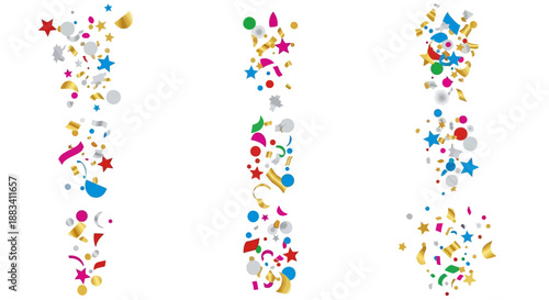 Vector illustrations of colorful celebration confetti elements falling from top to bottom on a white background, commonly used in America for festive occasions.