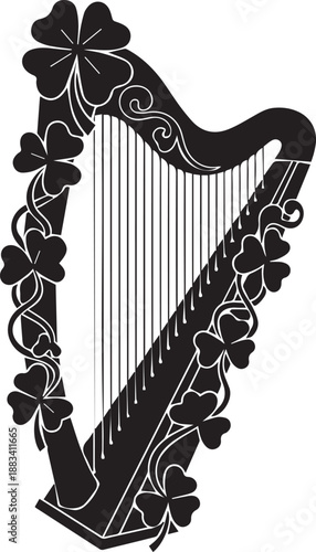 Ornate harp decorated with shamrock leaves and flowers