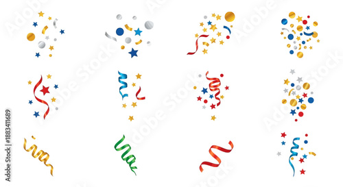 Colorful vector illustrations of confetti elements and ribbons for celebration in America