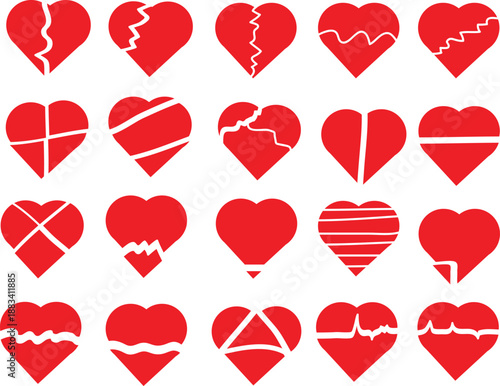 Collection of 20 broken heart symbols with various cracks and breaks