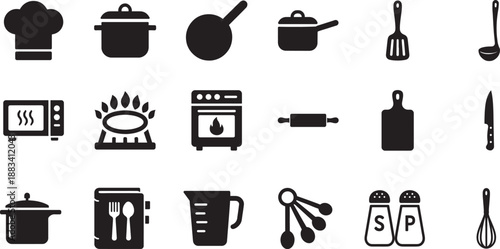 Cooking icon set with kitchen, food and chef symbols for recipes, apps, menus, UI, web and print design.
