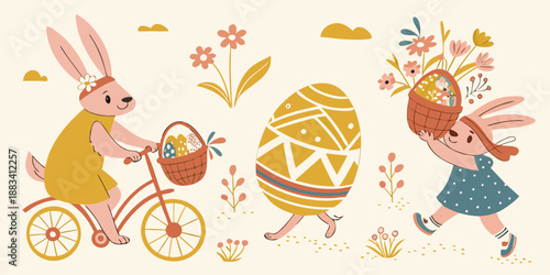 Cute Easter Bunnies with Eggs and Flowers Vector Illustration