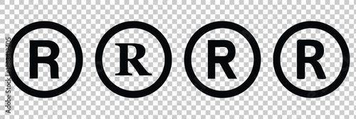 Registered trademark symbol r in circle. Intellectual property sign on transparent. Registered trademark icons set. Simple line vector illustration. Circled R symbol. Round icons with black color
