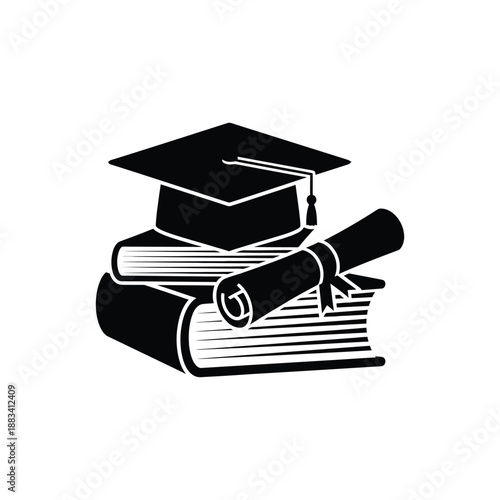 Graduation cap books with diploma education silhouette vector illustration