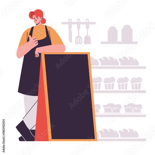 female baker standing with food promotion menu board illustration