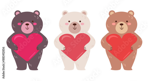 Three cute teddy bears holding a big red heart in their paws. Flat vector hand drawn romantic illustrations.