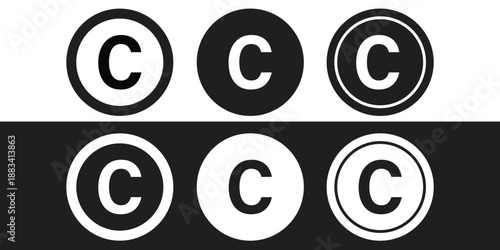 Copyright icon set collection group in black flat and line style, legal protection logo pack, trademark symbol bundle, intellectual property outline glyph assortment, creative rights design elements