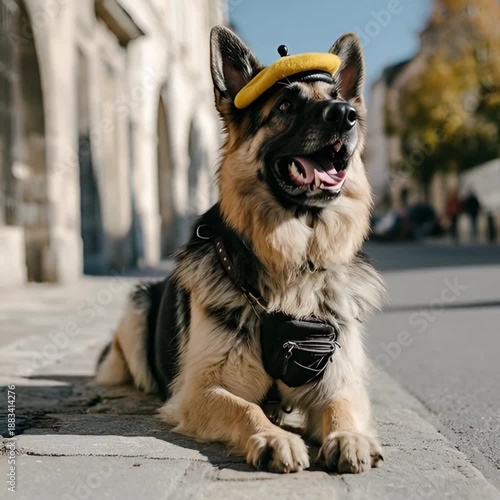 German Shepherd Dog Wearing Yellow Beret in City