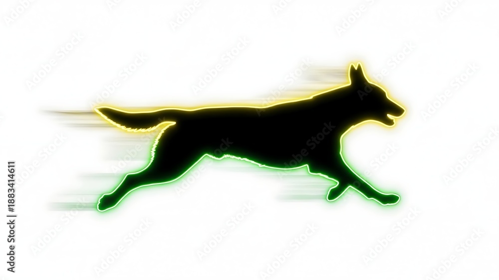 Fototapeta premium Dynamic dog silhouette with neon green and yellow outline running fast