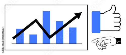 Business growth concept. Black line graph rising over blue bar chart analytics and success. Business growth supported by positive feedback and collaboration. For finance, strategy, marketing