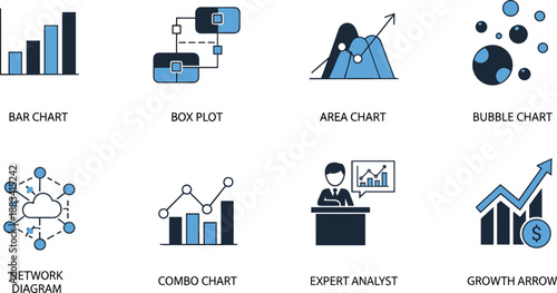 Professional set of data visualization icons including bar chart box plot area chart network diagram and expert analyst for business reports