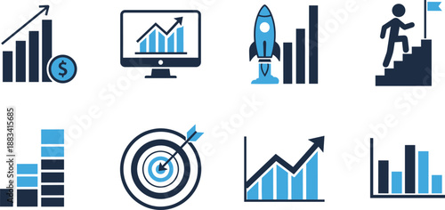 Set of professional business growth icons including financial bar charts rocket launch strategy targets and career ladder for success concepts