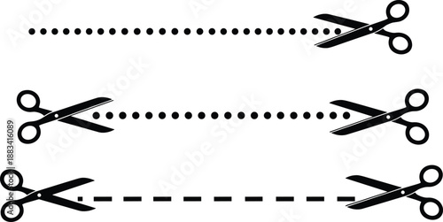 Black scissors icons cutting along dotted and dashed straight lines for coupon vouchers craft projects and paper tailoring concepts