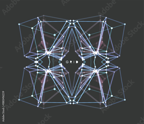 Scientific illustration with connected lines and dots. Complex cubic model. Visualization of chemical and other bonds in a block structure. 3d wireframe object. Grid. Connection structure. Vector.