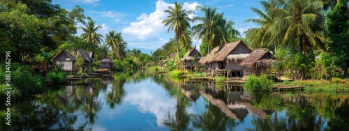 Tranquil Tropical River Scene with Stilt Houses Surrounded by Lush Greenery and Calm Waters under a Bright Blue Sky