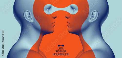 Communicating people. Visual contact. People talk face to face. Concept of artificial intelligence, reading or copying data, mental communication. Telepathy. 3D vector for cover, presentation, etc.