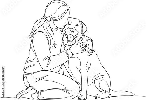 Young woman hugging her labrador retriever dog in continuous line art drawing for pet companionship and animal friendship concepts
