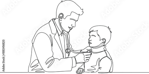 Male pediatrician doctor using stethoscope to examine a young child patient in continuous line art drawing for healthcare medical concepts