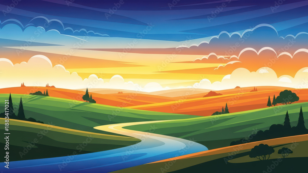 Fototapeta premium Stylized Sunrise Over Rolling Green Hills