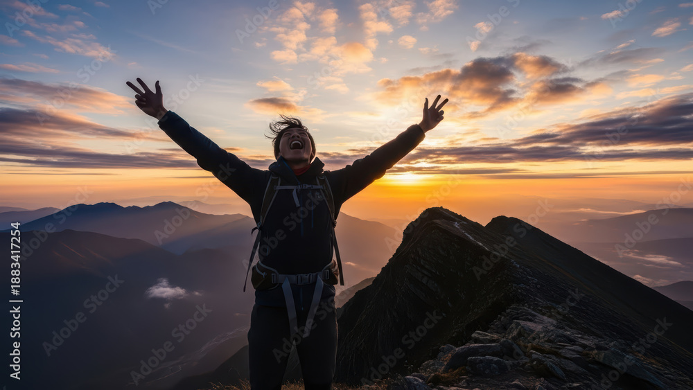 Fototapeta premium Person Celebrating Sunrise on Mountain Peak