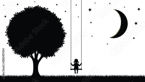 Silhouette of a young girl on a swing under a large leafy tree with a crescent moon and stars.