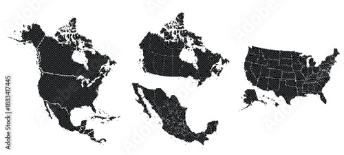 A black and white illustration of multiple world maps made up of small squares
