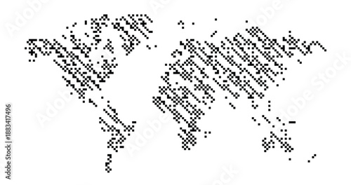 A black and white illustration of a world map made up of small diagonal lines