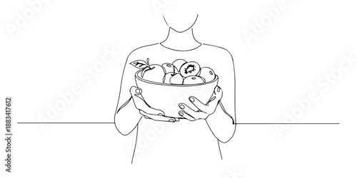Continuous one line of a person holding a bowl of fruit, representing freshness, health, and simplicity, drawn vector illustration.