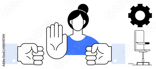 Workplace conflict, harassment prevention, teamwork, equal rights, workplace ethics, boundaries. Woman with raised hand, fists settings symbol chair. Workplace conflict and harassment prevention