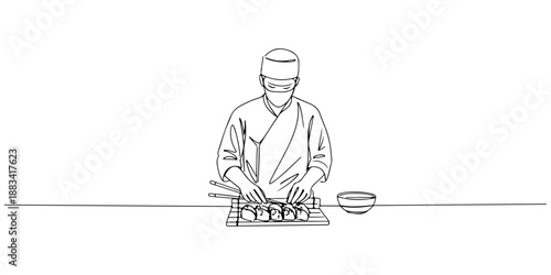 Continuous one line of a person preparing sushi rolls, symbolizing culture, precision, and food artistry, drawn vector illustration.