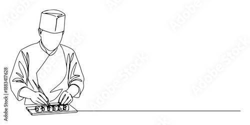 Continuous one line of a person preparing sushi rolls, symbolizing culture, precision, and food artistry, drawn vector illustration.