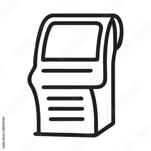 A black and white vector image of an ATM machine with modern banking technology and interface elements, on a transparent background