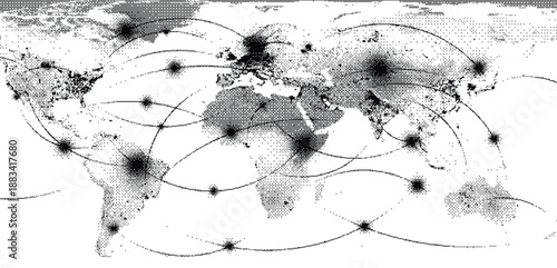 Halftone world map with black lines and dots on for global connections