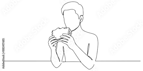 Continuous one line of a person holding a sandwich, symbolizing everyday food, lifestyle, and comfort, drawn vector illustration.