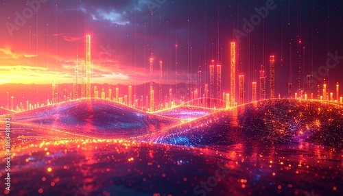 A vibrant, futuristic digital cityscape glowing with energetic light streams and abstract data towers under a dramatic sky.