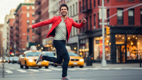 Man walking confidently on city street at sunset