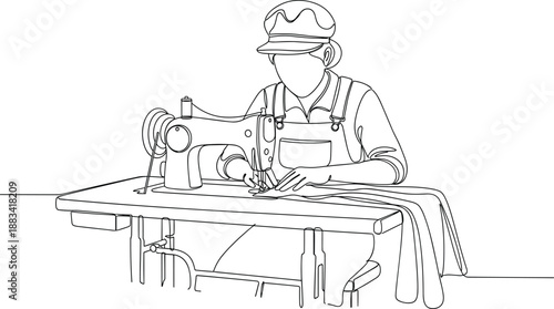 Continuous line drawing of a professional tailor woman working on a vintage sewing machine in a fashion workshop.