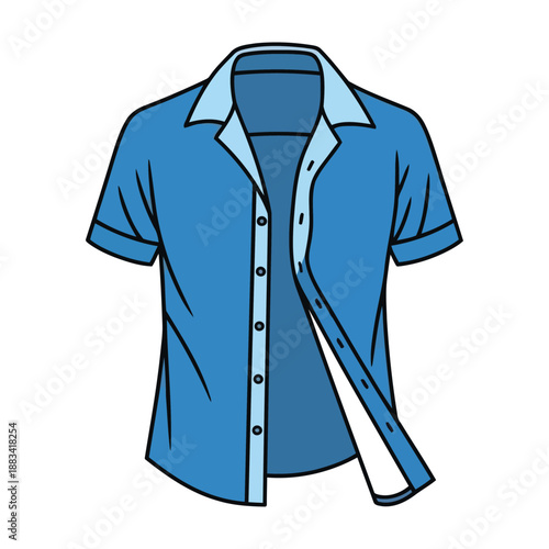Blue short sleeved button down shirt with collar isolated on white background