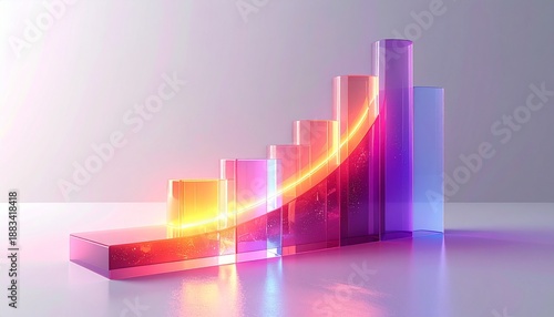Vibrant 3D bar chart illustrating business growth and financial progress with a glowing upward trend arrow.