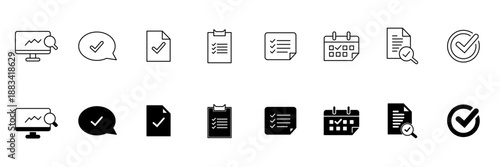 Check and audit icon set. with two styles: line and flat. transparent background. vector illustration.