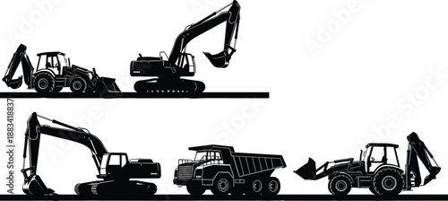 Heavy construction machinery silhouettes including excavator loader bulldozer and dump truck isolated on white background vector illustration set