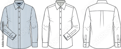 Men dress shirt technical flat illustration showing front back views, striped and plain long sleeve apparel design template