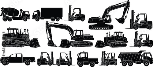 Industrial construction vehicles silhouette collection featuring excavators bulldozers forklifts dump trucks and transport machinery isolated on white background vector illustration