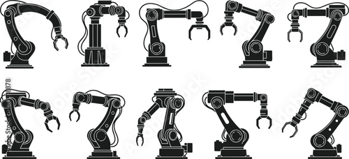 Industrial robotic arm silhouettes set showing automated manufacturing robots isolated on white background vector illustration technology factory equipment collection modern
