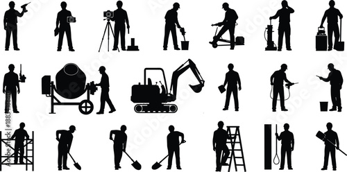 Industrial workers and construction job silhouettes set showing various professional labor activities and equipment isolated on white background vector illustration