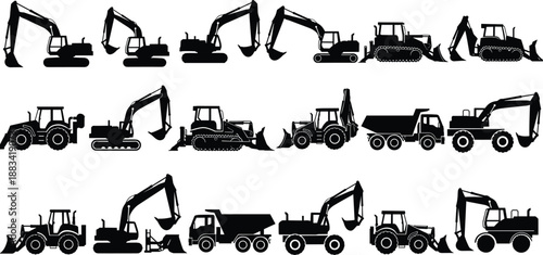 Set of construction heavy machinery silhouettes including excavators bulldozers loaders dump trucks isolated on white background vector industrial equipment